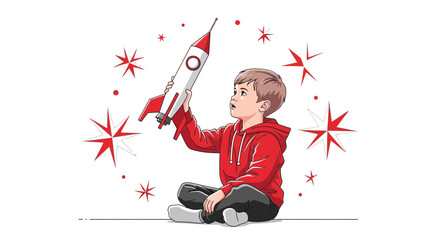 Boy with rocket vector illustration, concept of dreams, imagination, and future plans