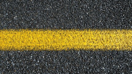 Fototapeta premium A vibrant yellow road line runs across a gritty asphalt surface. The contrast highlights the texture and details of the road, suggesting careful maintenance and use of the infrastructure.