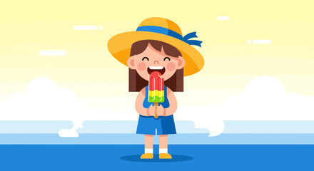 Bright Illustrated Scene Of Summer Fun With Young Girl And Colorful Ice Pop Enjoyment