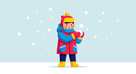 Bright Illustration of a Child in Winter Clothing Playing with Snowballs in a Winter Scene