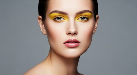 Young caucasian female with bold yellow eyeshadow against gray background