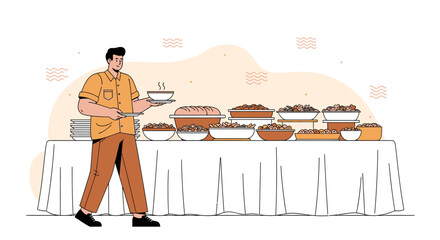 Buffet Presentation: A Friendly Attendant Offers Various Culinary Delights to Guests, Ready
