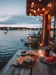 Obraz premium Romantic waterside dining with sushi and watermelon, glowing lights creating a cozy atmosphere, perfect for summer evenings and serene celebrations