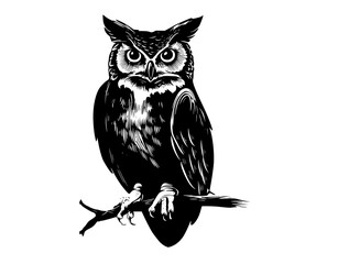 a black and white illustration of an owl perched on a branchblack, branch, illustration, owl, perch, sit, tree branch, white 