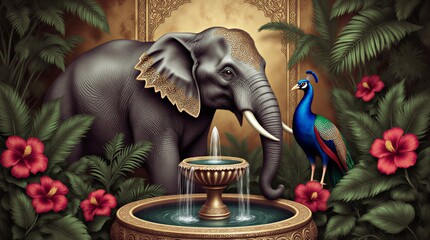 majestic elephant and vibrant peacocks amidst a serene garden landscape painting | art, nature, culture, royalty, wildlife theme