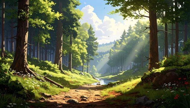 A sunlit forest path winds through a lush landscape, filled with vibrant green trees and wildflowers.