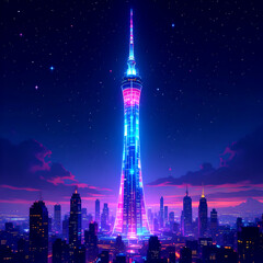 “Futuristic Neon Skyscraper Illuminated in Vibrant Blue and Pink Lights Rising Above Cyberpunk City Skyline at Dusk with Starry Sky and Glowing Urban Nightscape”