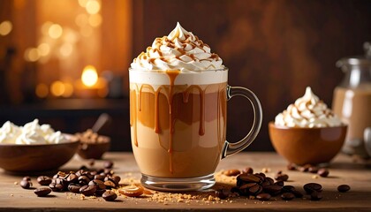Delicious caramel latte topped with whipped cream, perfect for coffee lovers