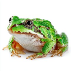 Obraz premium Close-up Portrait of a Green Frog on White Background, Amphibian Wildlife