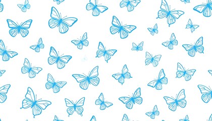 Fototapeta premium A delightful pattern of light blue butterflies floats against a pure white background.