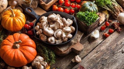 A variety of fresh seasonal vegetables including mushrooms, pumpkins, and tomatoes are beautifully arranged on a rustic wooden table, showcasing the essence of autumn harvest.
