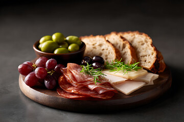 halal charcuterie board, a pork-free halal charcuterie board, including beef bresaola, turkey slices, chicken mortadella, olives, grapes, artisanal cheese, and rustic bread, displayed on a wooden