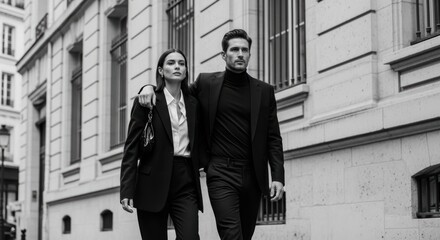 Stylish caucasian couple in black attire walking through urban street