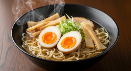 Steaming Bowl of Delicious Ramen Noodles with Soft Boiled Eggs and Bamboo Shoots for a Comforting Meal