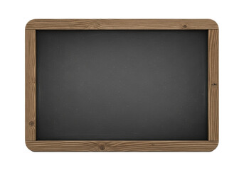 Fototapeta premium Empty rectangular chalkboard with rustic brown wooden frame, matte dark gray surface, fine chalk dust, isolated on transparent background with copy space. Concept of a blank customizable display