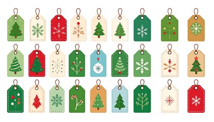A collection of festive Christmas gift tags featuring various designs of Christmas trees and snowflakes, set against a backdrop of vibrant colors.