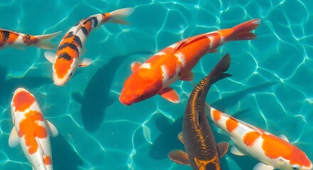 Vibrant Koi fish swimming gracefully in clear blue water serene natural beauty