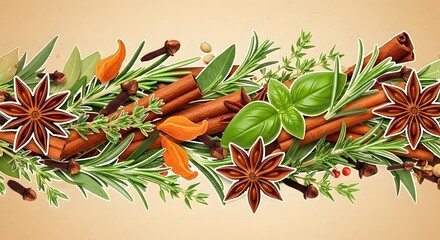 Fragrant Spice Border with Cinnamon Sticks Star Anise and Herbs for Culinary Design