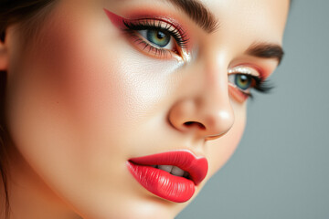 Naklejka premium Beautiful young woman showcasing vibrant red and gold eye makeup glamour