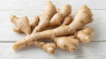 Fototapeta premium A cluster of fresh ginger roots arranged on a white wooden surface highlights their earthy color and textured skin. Natural light enhances their organic appearance.