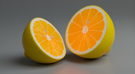 Fototapeta premium Two lemon halves showcase vibrant citrus fruit on a gray surface highlighting freshness and natural beauty for healthy eating and lifestyle concepts.