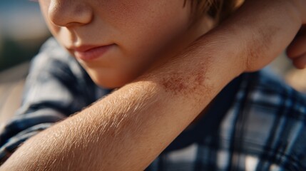 Close-up of a child's arm with a red rash, highlighting skin texture and irritation, suitable for dermatology and skincare concepts.