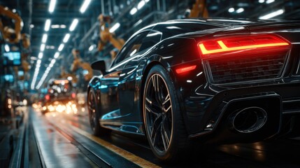 Sleek car on an automated production line, highlighted by robotic arms and gleaming metal, illustrating advanced industrial manufacturing for automotive excellence.