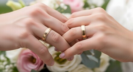 Close up of couple hands wearing wedding rings with floral bouquet Symbolizing eternal love and commitment