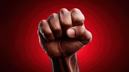 A clenched fist symbolizing strength and solidarity against a dramatic red background, evoking themes of resistance and social justice.