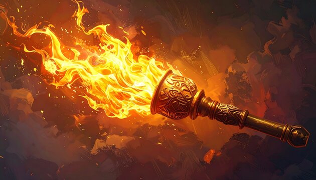 A magnificent, ornate torch blazing with intense, vibrant flames against a backdrop of fiery orange and brown.
