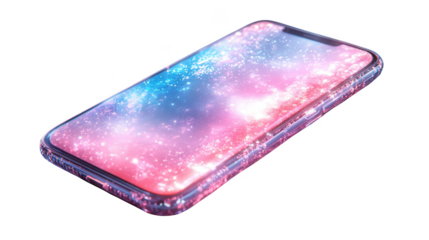 Modern smartphone displaying a colorful galaxy nebula on screen isolated on transparent background