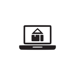 Vector art of online real estate icon this minimalist vector graphic features a laptop displaying a house, perfect for property, home, and internetrelated themes its clean design ensures versatility