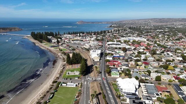 Victor Harbor, South Australia&ndash; 4K Aerial Drone Footage of Coastal Town, Beachfront Houses, Estates, Shops, Tree-Line Streets, Parks, Granite Island Bridge, Coastline of the Fleurieu Peninsula