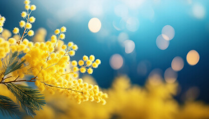 Mimosa Flower Bloom Panoramic Background Greeting Card Template Shallow Depth Copy Space