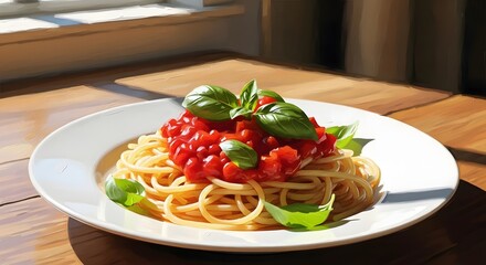 Delicious spaghetti bolognese with fresh basil and ripe tomatoes in a white bowl on a wooden table with sunlight