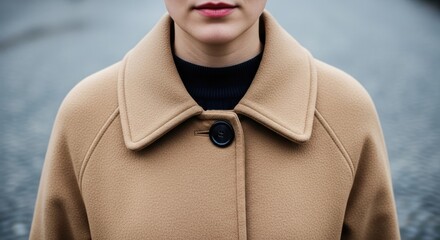 Young caucasian female in beige coat with black collar on cobblestone street