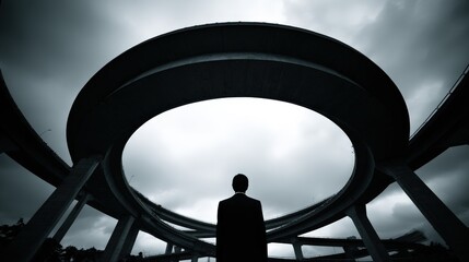 A man in a suit stands facing an intricate and complex elevated highway intersection with looping overpasses, depicted from a low angle against a dramatic, overcast sky in a grayscale composition.