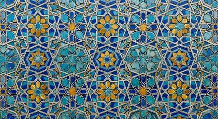 Intricate Blue and Gold Islamic Geometric Tile Pattern