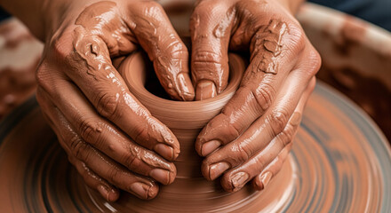 Mud-covered hands creating beautiful earthenware on a spinning pottery wheel.
An extreme close-up shot of mud-covered hands centering and shaping a piece of wet, reddish-brown terracotta clay 

