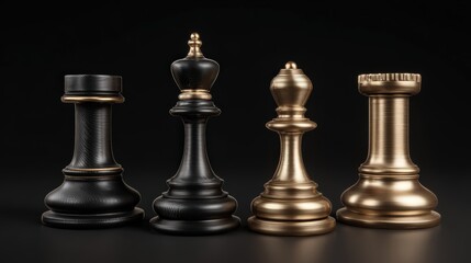 Four chess pieces are displayed, featuring a rook, king, bishop, and another rook, each showcasing a detailed design in contrasting black and gold finishes against a stark, dark background.