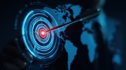 Focus on a circular glowing target with a dart piercing its center, over a world map outline in shades of blue, demonstrating precision and strategic targeting within a technological interface.