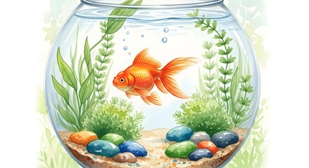 Goldfish in a clean glass bowl with green aquatic plants and colorful pebbles