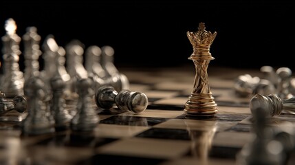 Intricate golden chess king stands victorious amidst fallen silver pieces on a checkered board, bathed in warm, diffused lighting against a black background, evoking strategic thought and conceptual