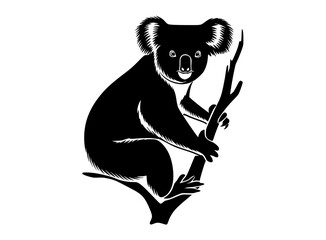 a black and white silhouette of a koala sitting on a tree branchanimal, black, branch, eucalyptus tree, illustration, image, koala, profile, sit, tree, tree branch  © Guli Studio