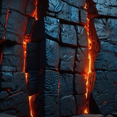 Ancient Ruined Stone Wall with Jagged Lava Glow Fissures, Magical Background Design