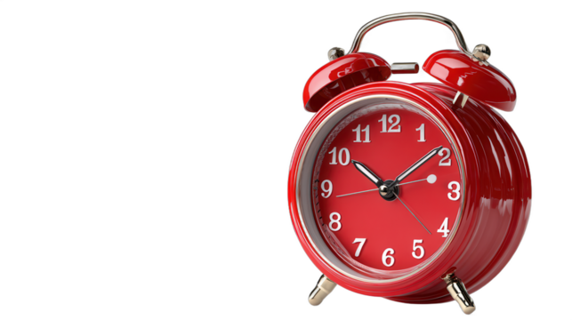 Bright red alarm clock showing time with bold numbers on a clean white background