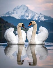 Obraz premium Two swans facing each other on a lake, mountains in the background