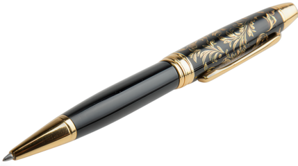 Elegant black and gold pen with intricate designs suitable for writing and gifting
