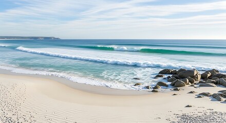 Coastal Beach Scene with Gentle Waves.