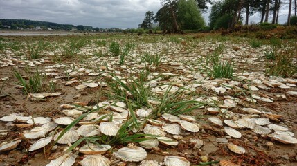view of a coastal environment showcases countless shells scattered across the muddy terrain, interspersed with patches of vibrant green grass under a cloudy sky, giving a sense of tranquility and...